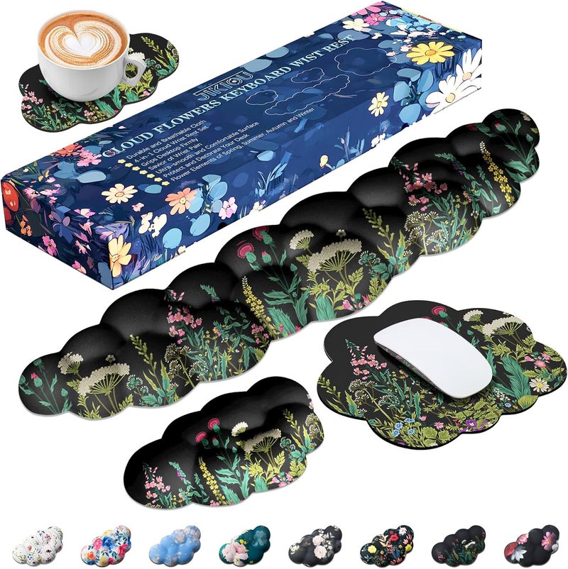 JIKIOU وسادة معصم لوحة المفاتيح السحابية، مجموعة وسادة معصم لوحة المفاتيح السحابية مع قماش مريح، وسادة ذراع لطيفة لدعم راحة اليد، ملحقات مكتب/ألعاب الكمبيوتر/وسادة يد الكمبيوتر زهور برية - Image 1